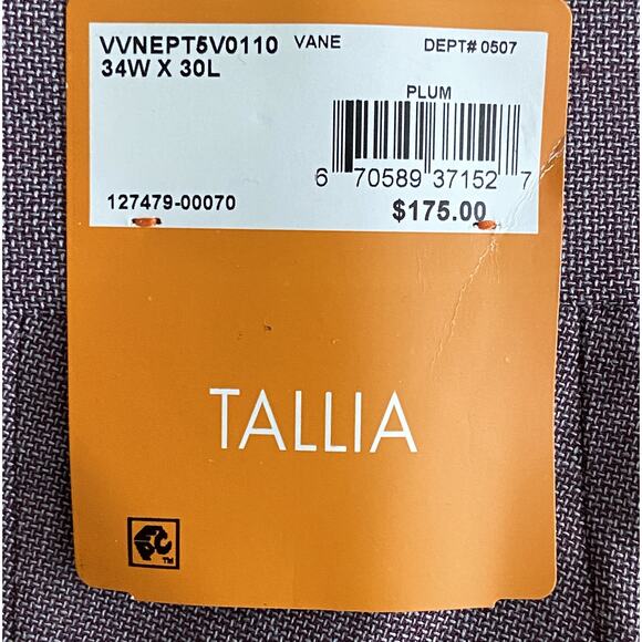 Tallia Men's 34x30 Suit Pant Vane Stretch Wool Blend Plum NEW - Picture 9 of 10